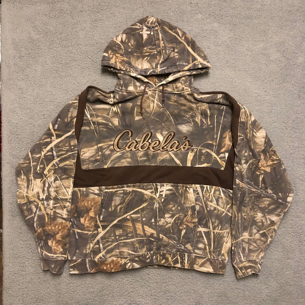 VTG Cabelas Mens Camo Hoodie Grass Camouflage Pullover Crewneck Brown 
Large Y2K